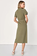 Italian Summer Olive Green Linen Button-Up Short Sleeve Dress