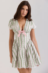 Emiliana-Green Stripe Floral Print Stretch Cotton Mini Dress