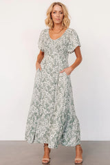 Joanie Smocked Dress | Sage + Off White Floral