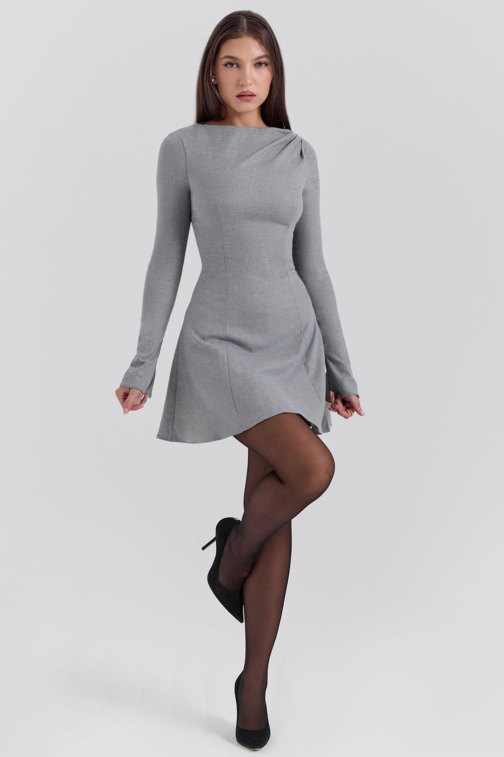 Angelique-Grey A-Line Long Sleeve Mini  Dress - SALE