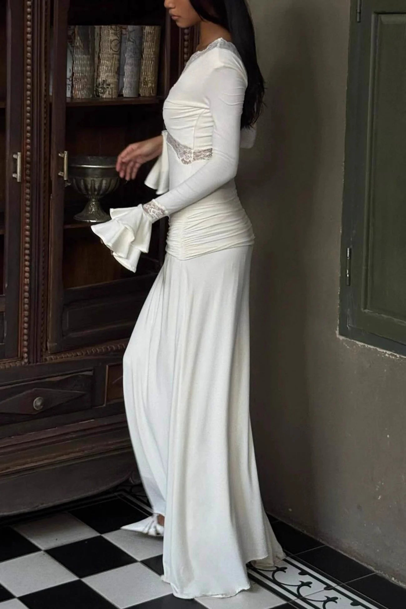 Lace Patchwork Flare Sleeve Tie-up Maxi Dress