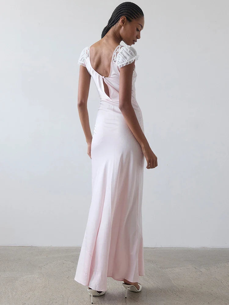 Lace Trim Short Sleeve Satin Maxi Dress