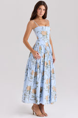 Ysabella-Blue Vintage Rose Print Cotton Midi Sundress