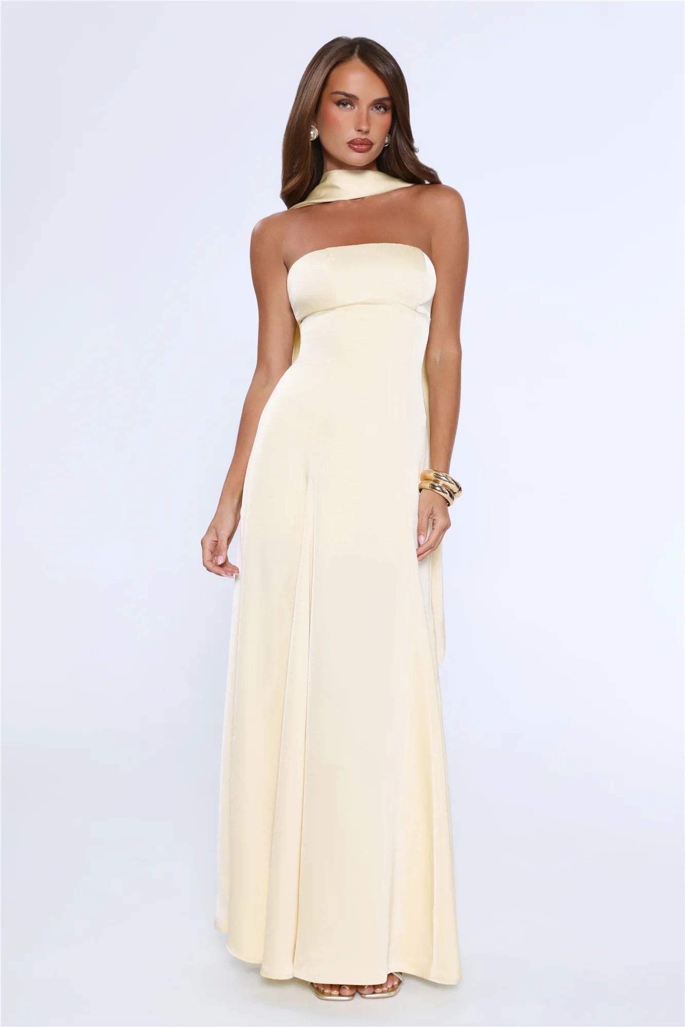 Satin Tempt Strapless Maxi Dress Lemon
