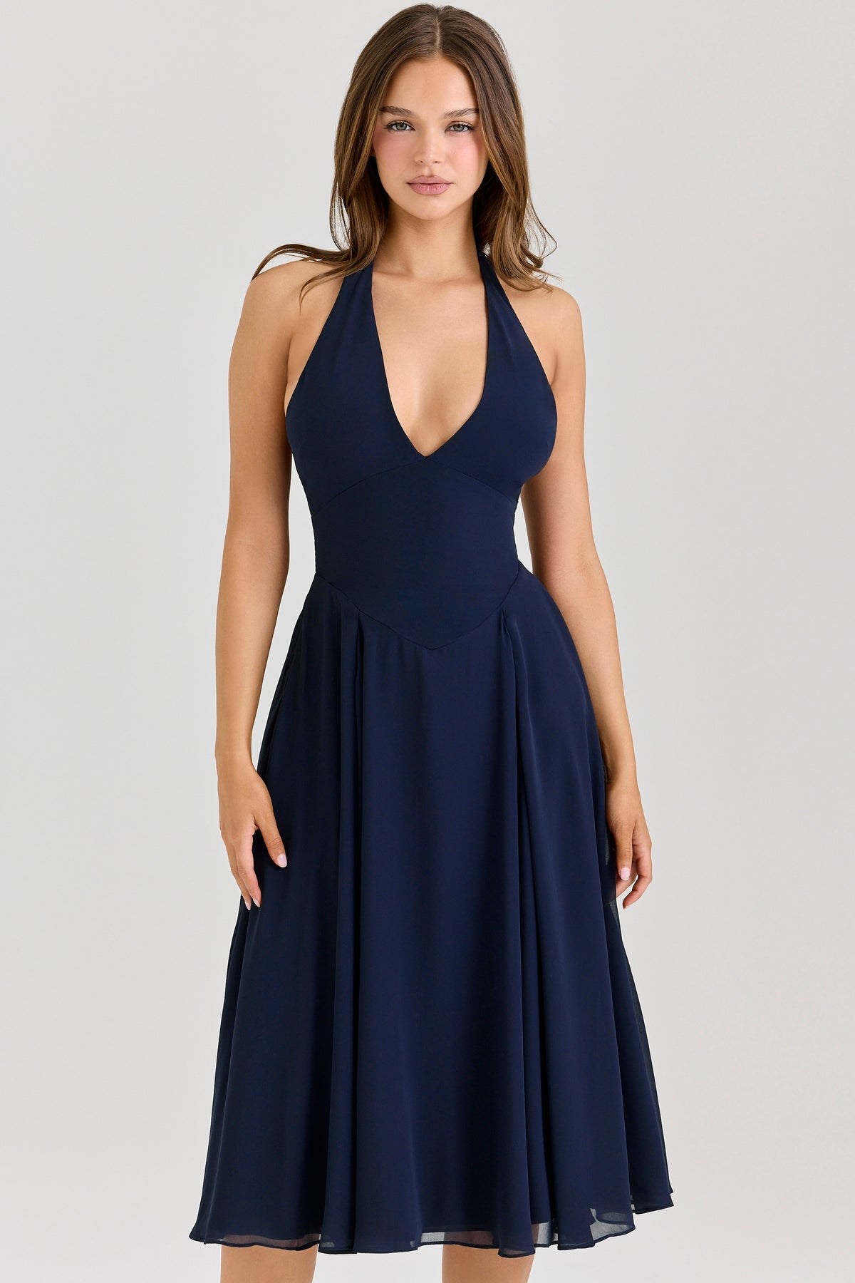 Solada-Navy Georgette Halter Midi Dress