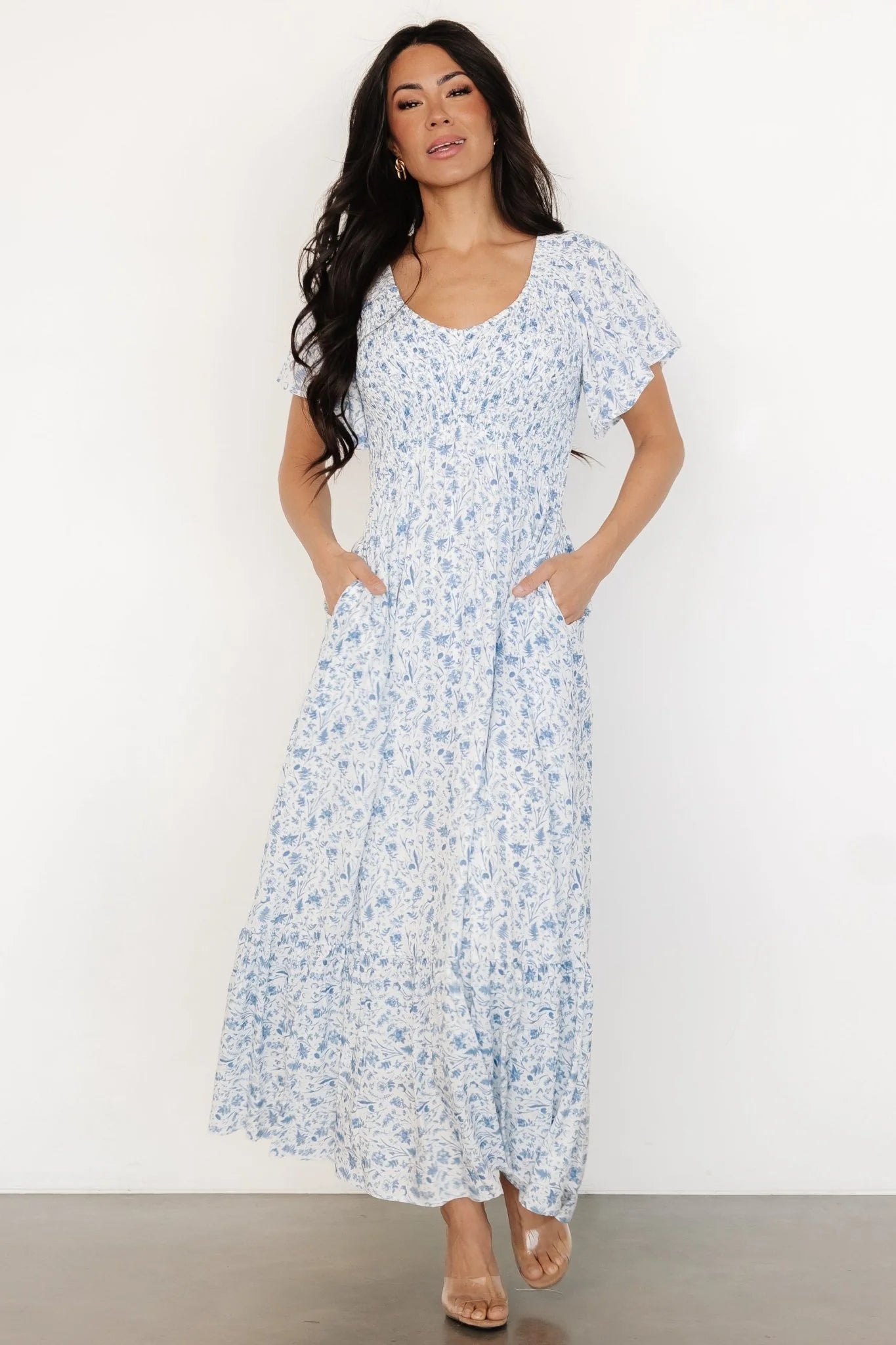 Joanie Smocked Dress | White + Blue Floral