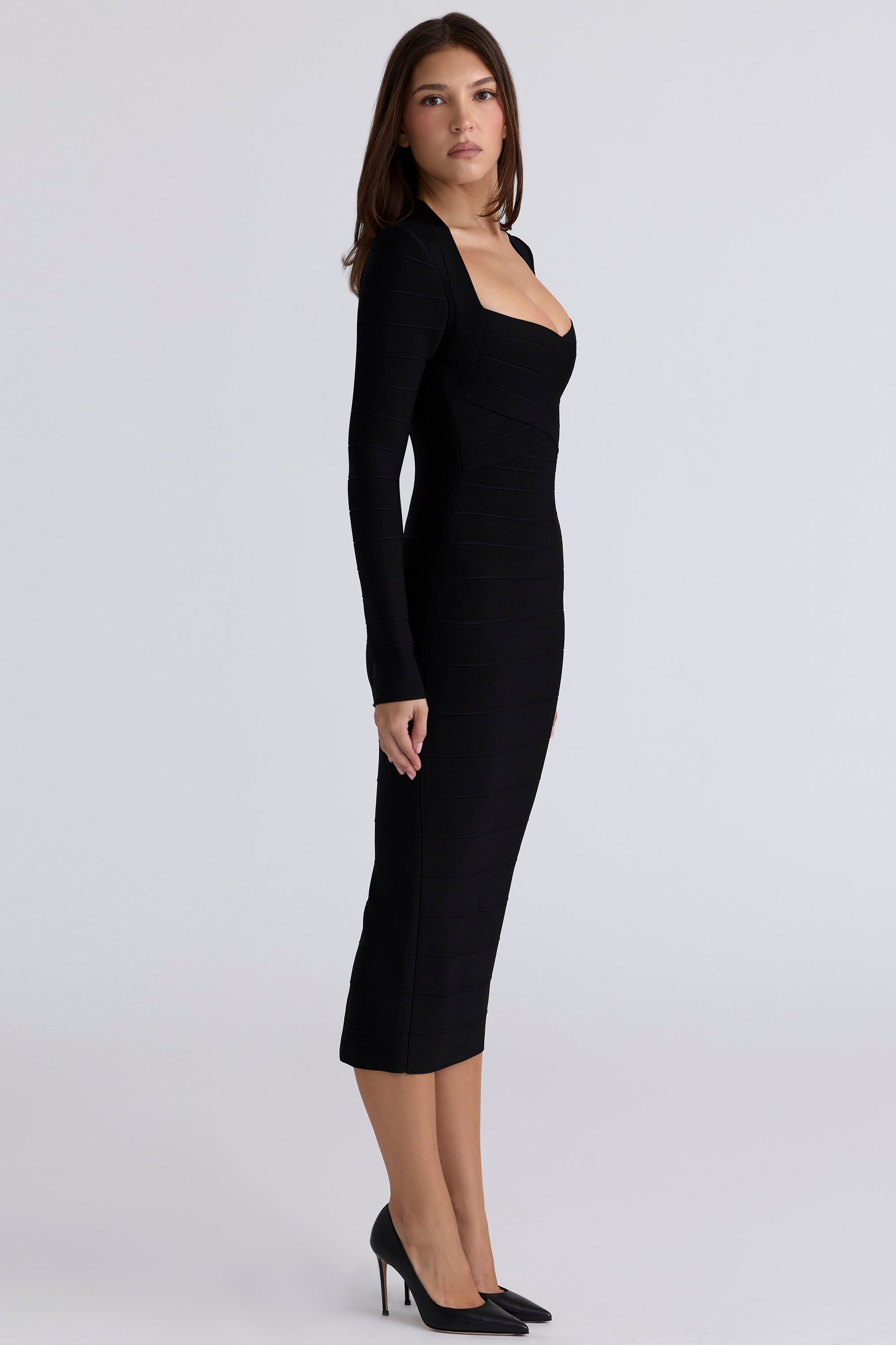 The Naomi-Black Long Sleeve Stretch Bandage Midi Dress