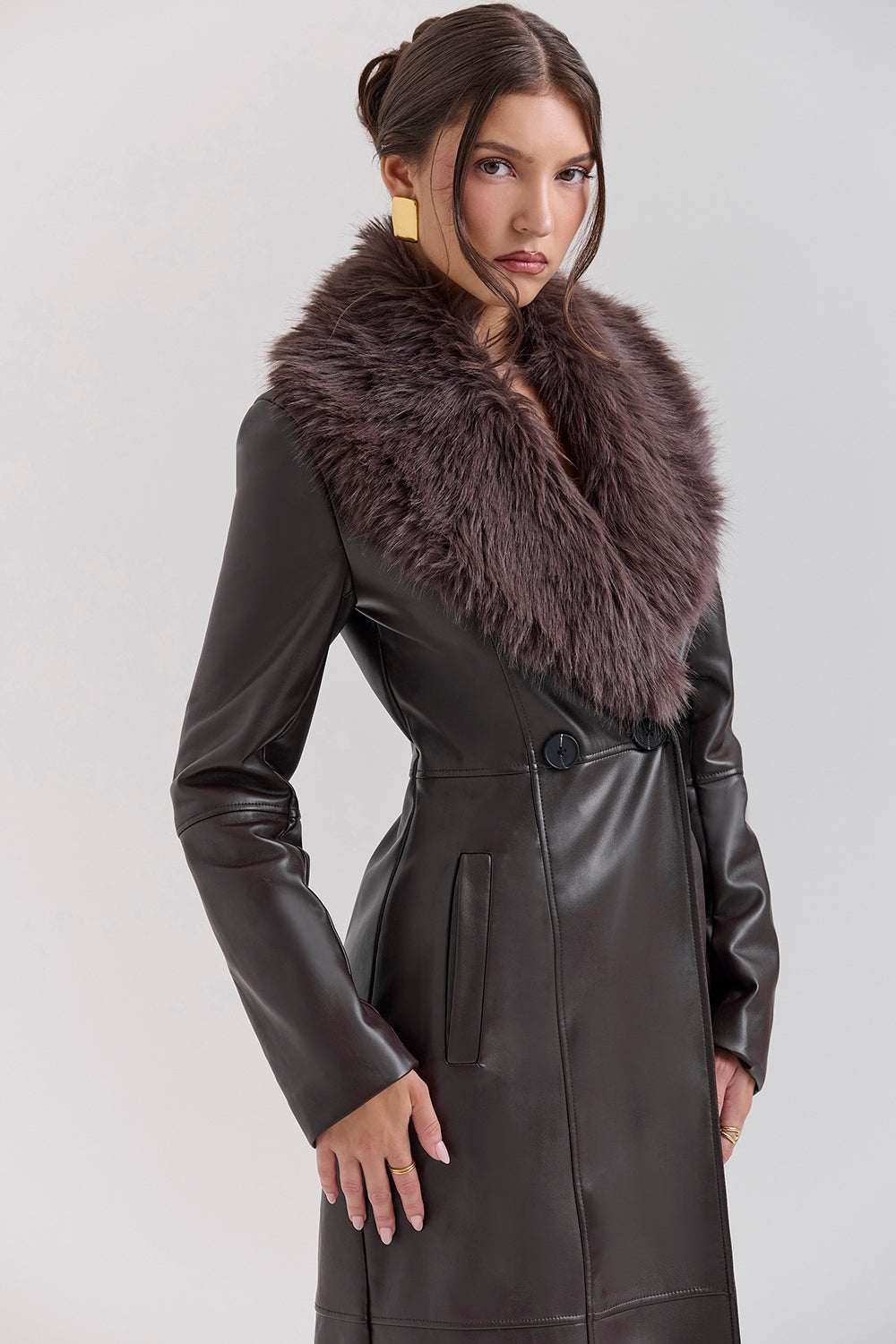Marcel-Brown Faux Fur Trimmed Vegan Leather Coat