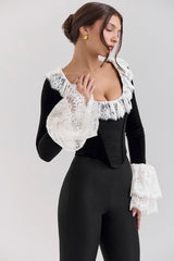 Jacinda-Black Velvet Lace Trimmed Corset Top - SALE