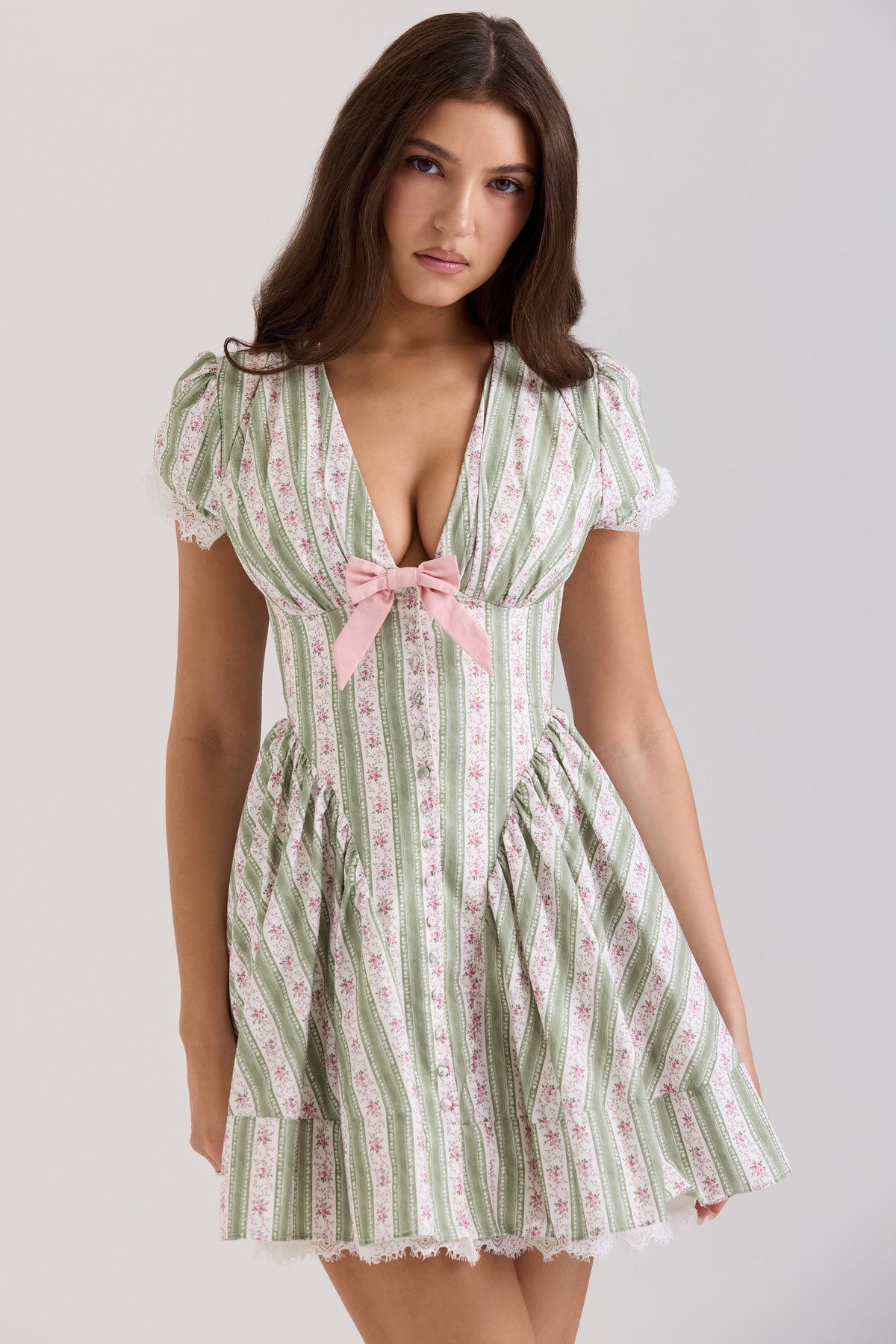 Emiliana-Green Stripe Floral Print Stretch Cotton Mini Dress