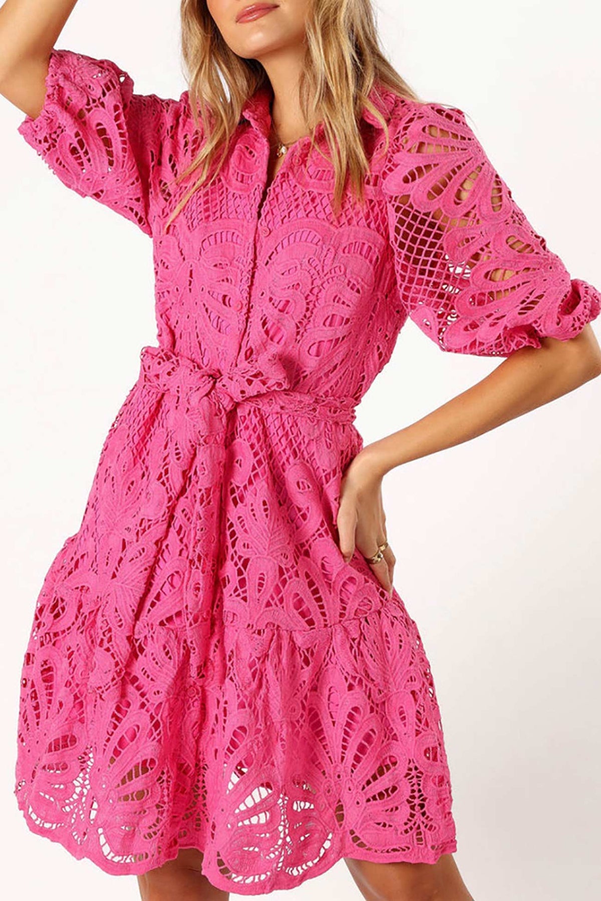 Lace Half Sleeve Tie-up Mini Dress