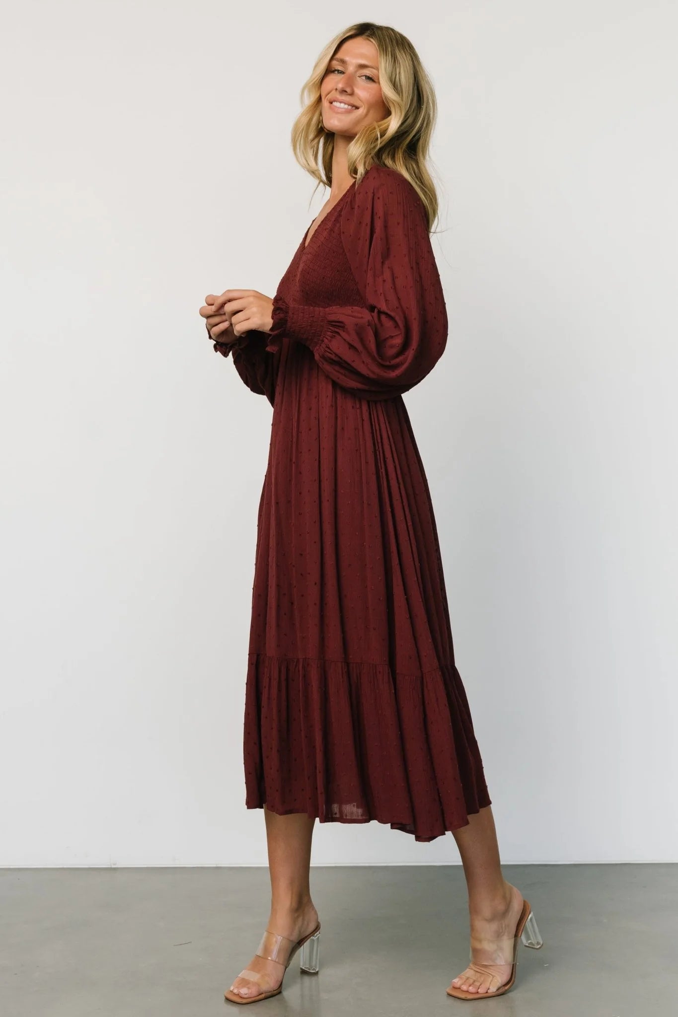 Lainey Smocked Dotted Midi Dress | Mulberry
