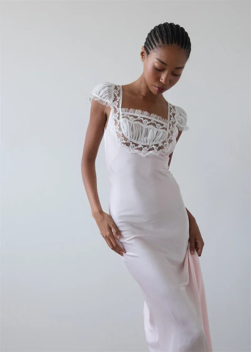 Lace Trim Short Sleeve Satin Maxi Dress