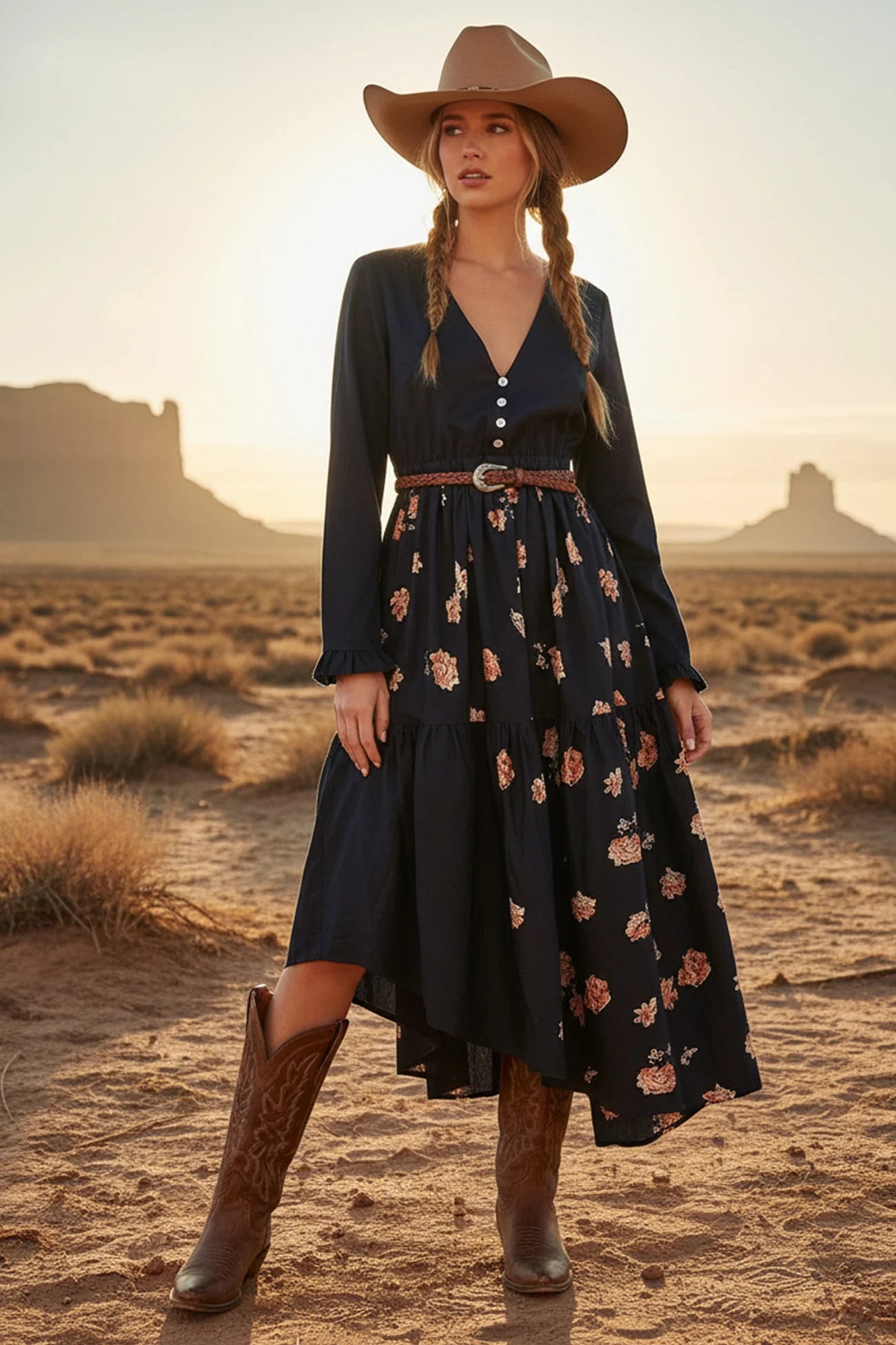 Floral Print Irregular Hem Retro Midi Dress