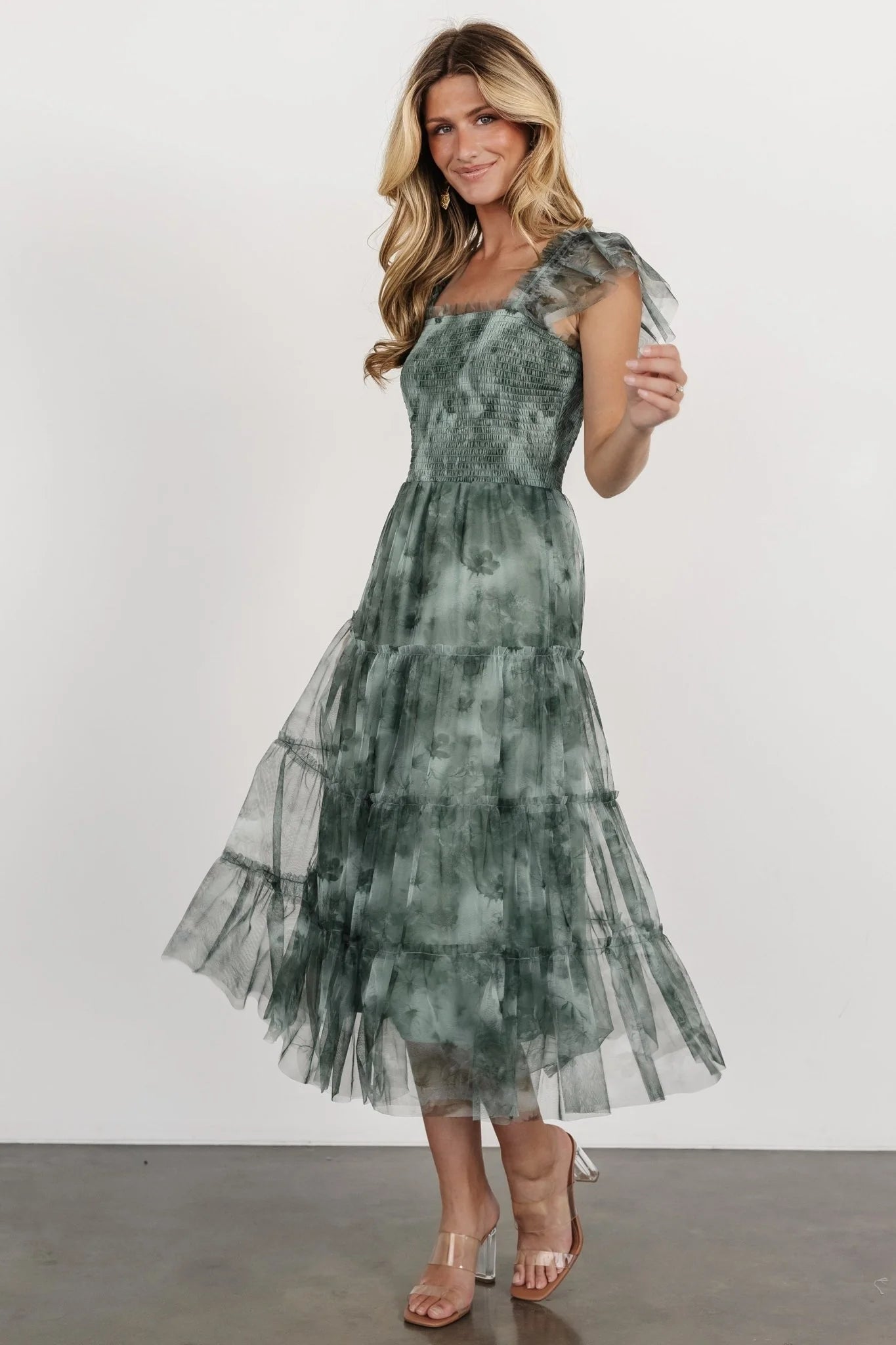 Clementine Tulle Midi Dress | Dusty Green Print
