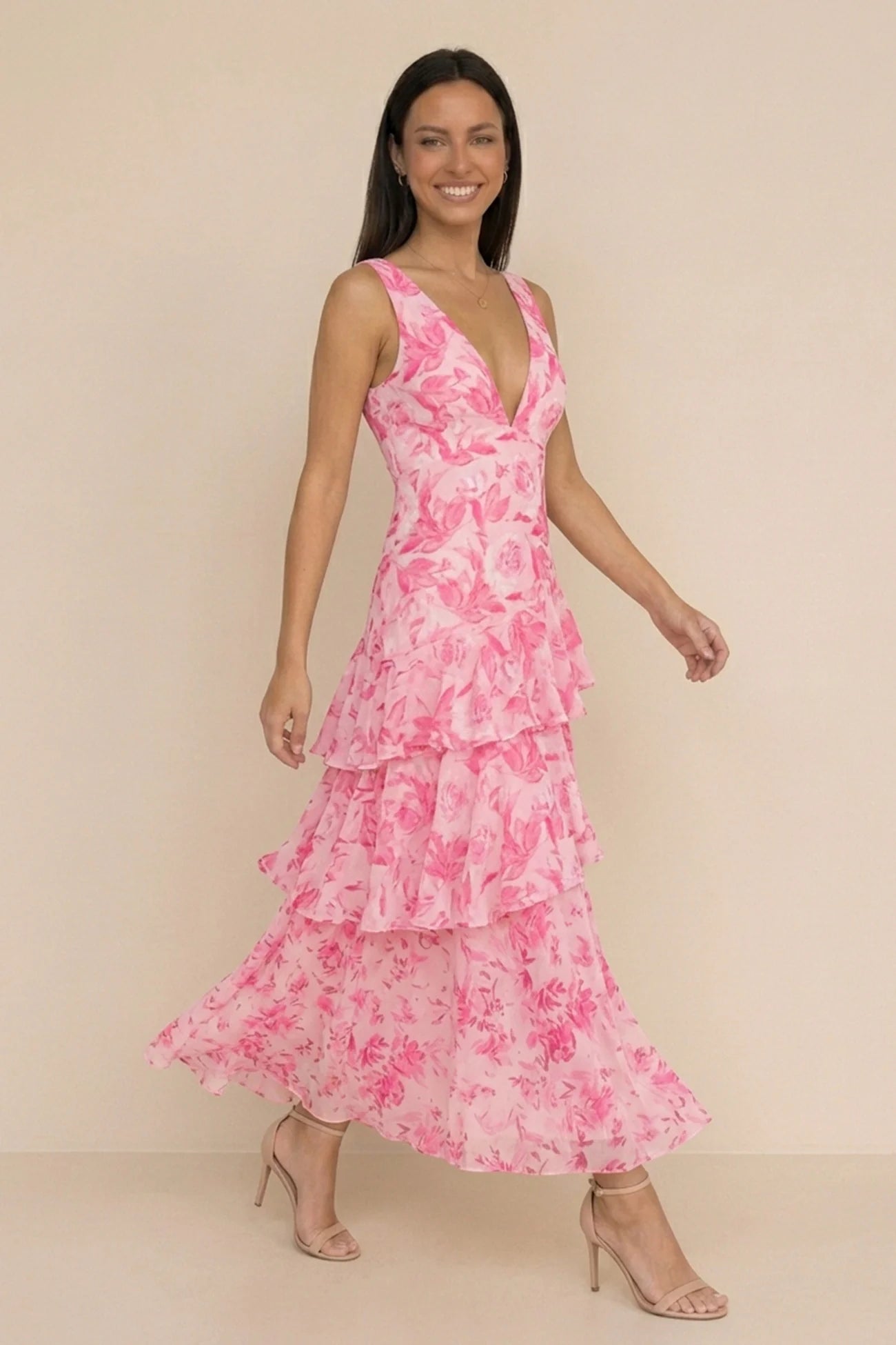 Floral Print Tie-up Back Chiffon Tiered Dress