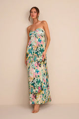 Whimsical Beauty Multi Floral Satin Plisse Strapless Maxi Dress