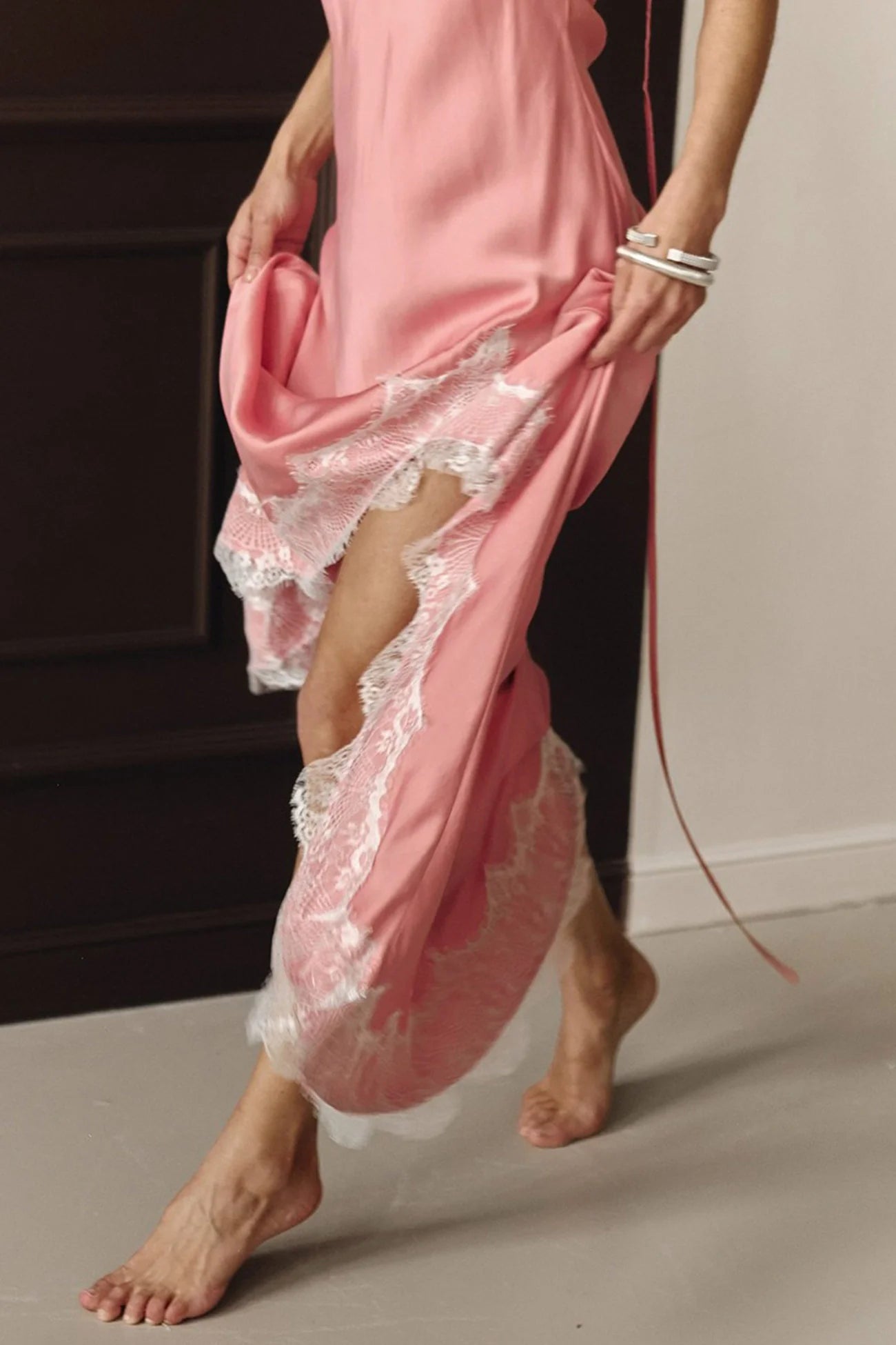 Satin Lace Side Slit Cami Dress