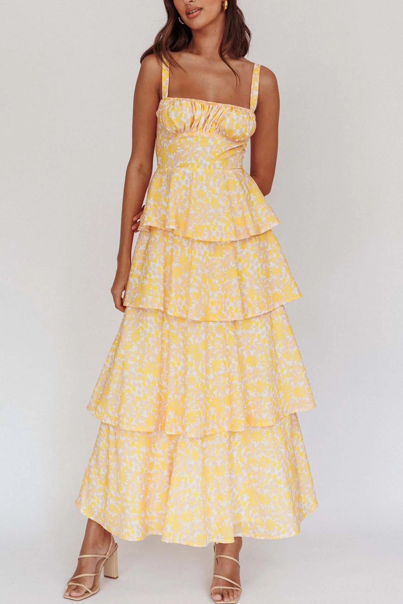 Floral Print Tie-up Tiered Midi Dress
