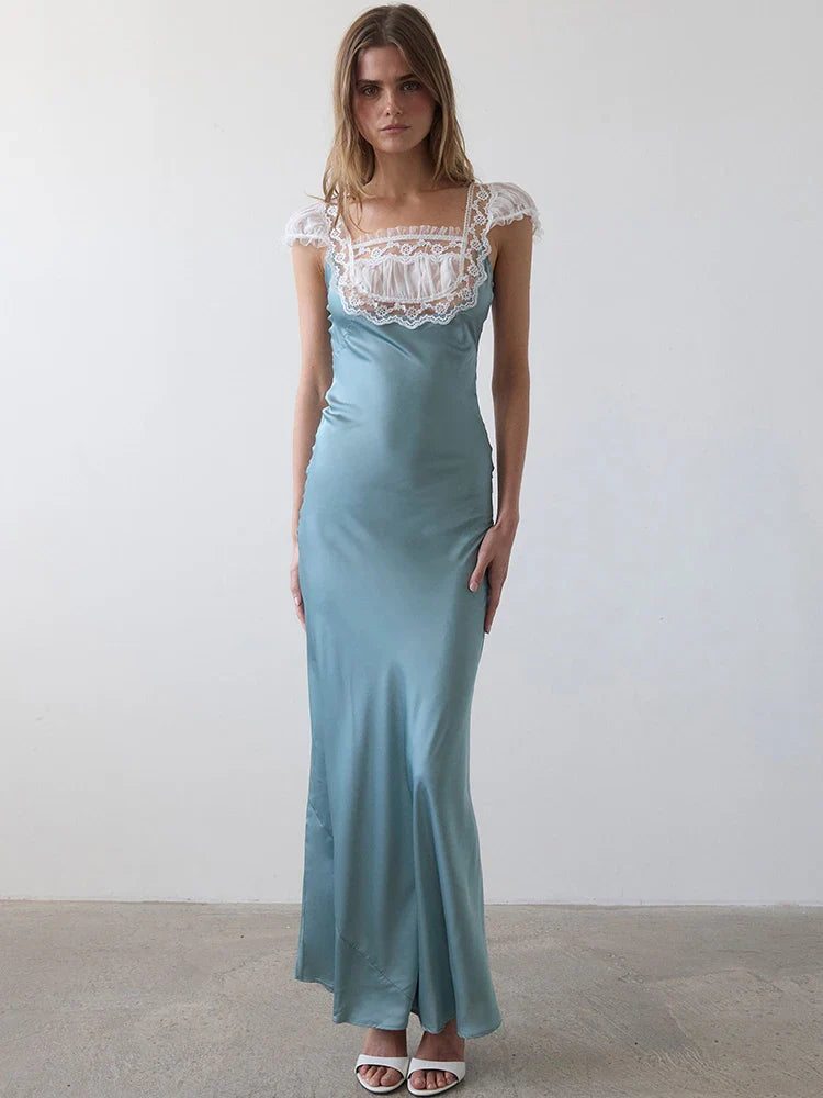 Lace Trim Short Sleeve Satin Maxi Dress