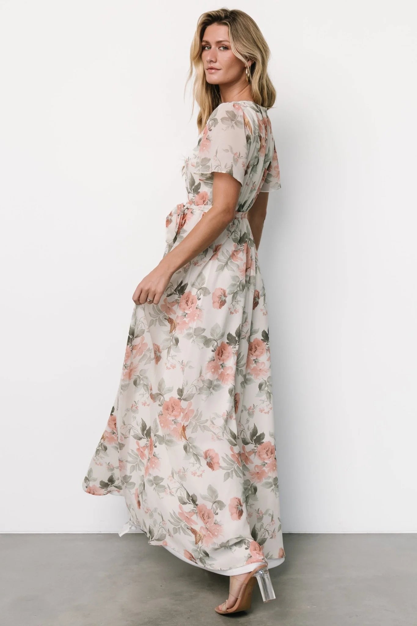 Naomi Short Sleeve Maxi Dress | Ivory + Coral Floral