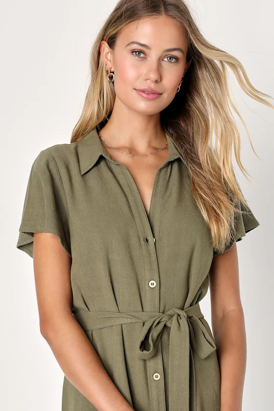 Italian Summer Olive Green Linen Button-Up Short Sleeve Dress