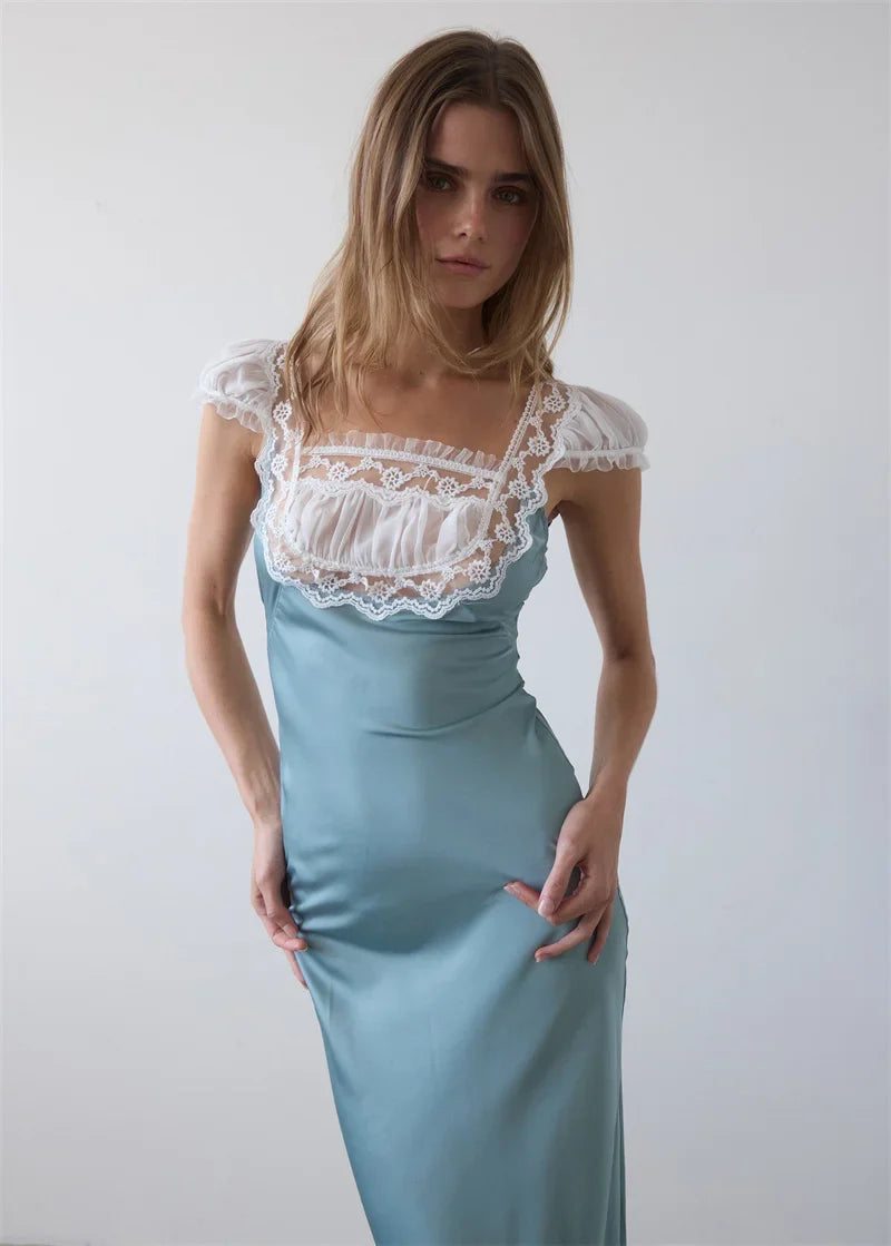 Lace Trim Short Sleeve Satin Maxi Dress