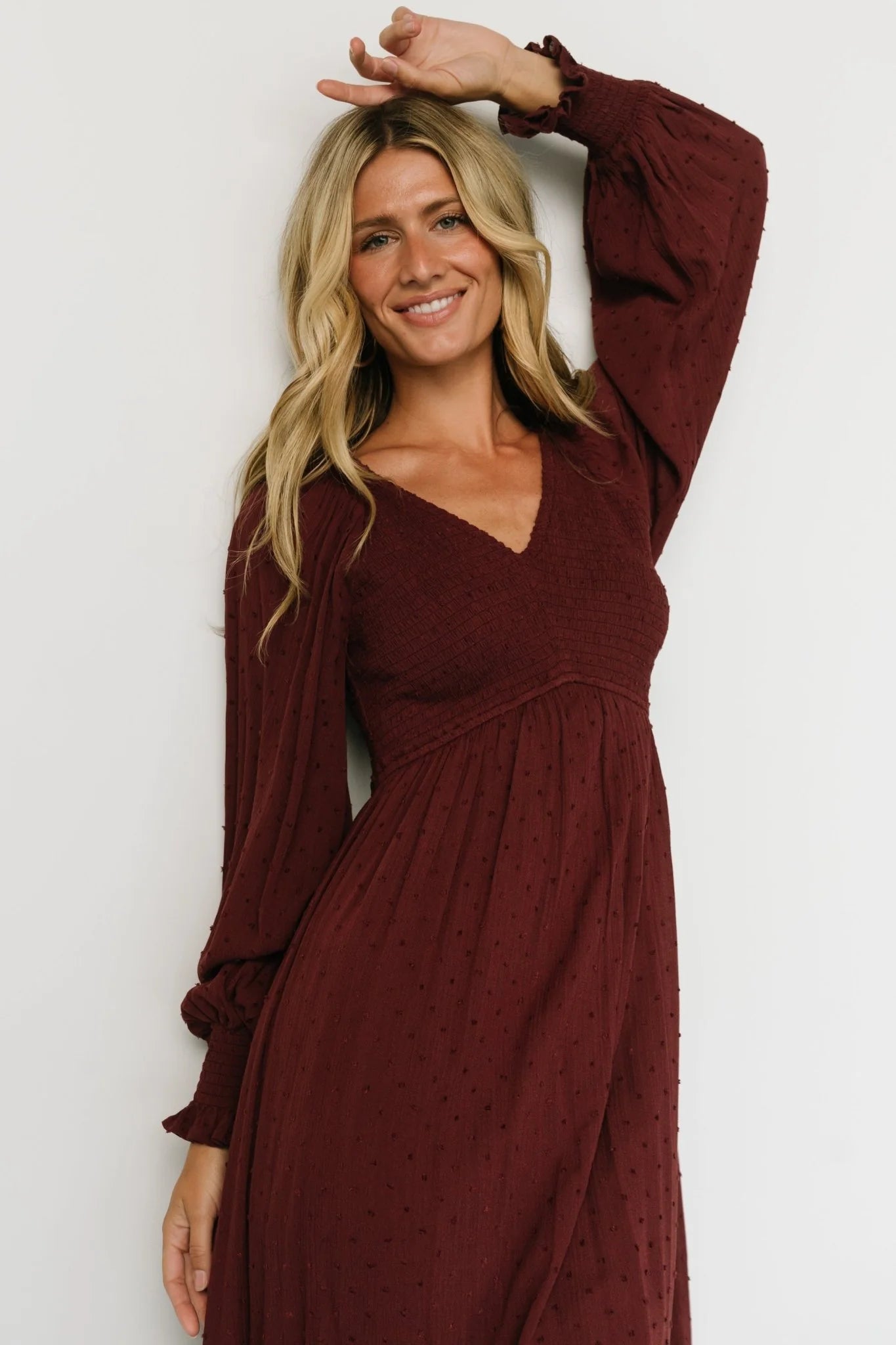 Lainey Smocked Dotted Midi Dress | Mulberry