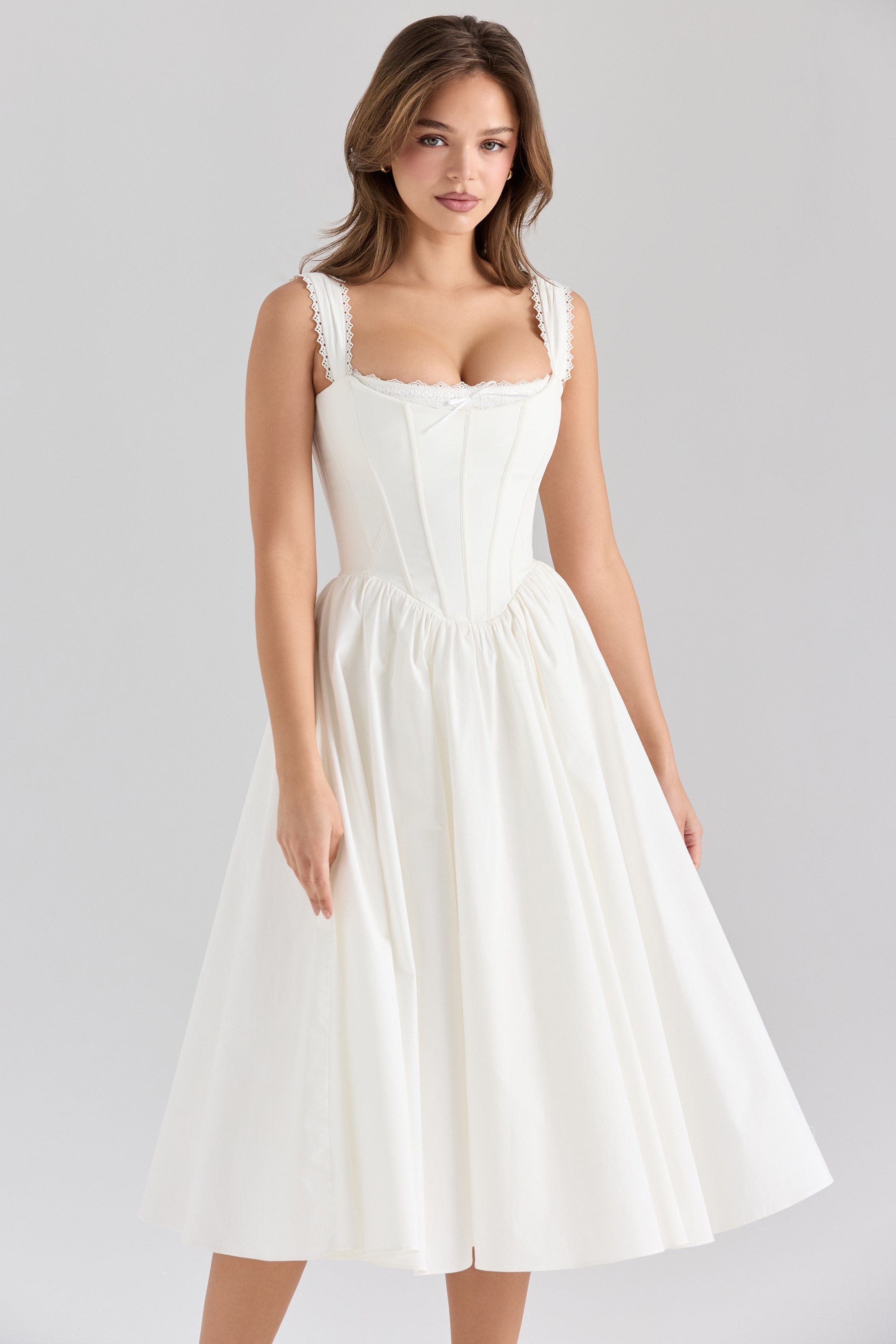 Amara-White Stretch Cotton Corset Midi Dress