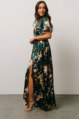 Sicily Satin Maxi Dress | Dark Green Floral
