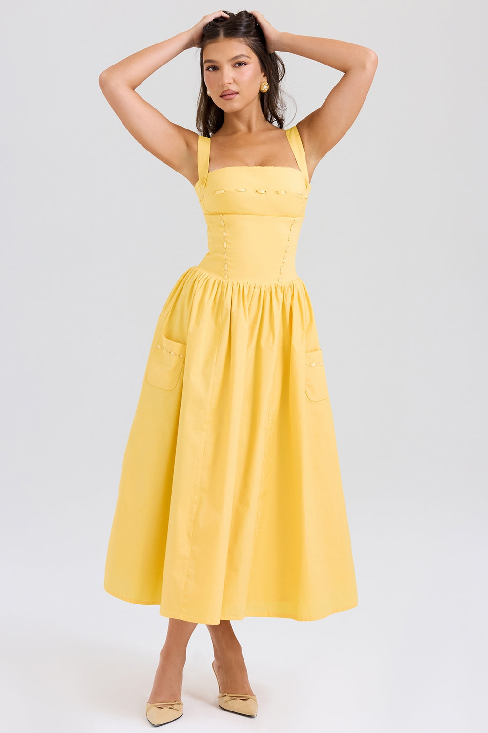 Vivien-Apricot Cotton Midi Sundress