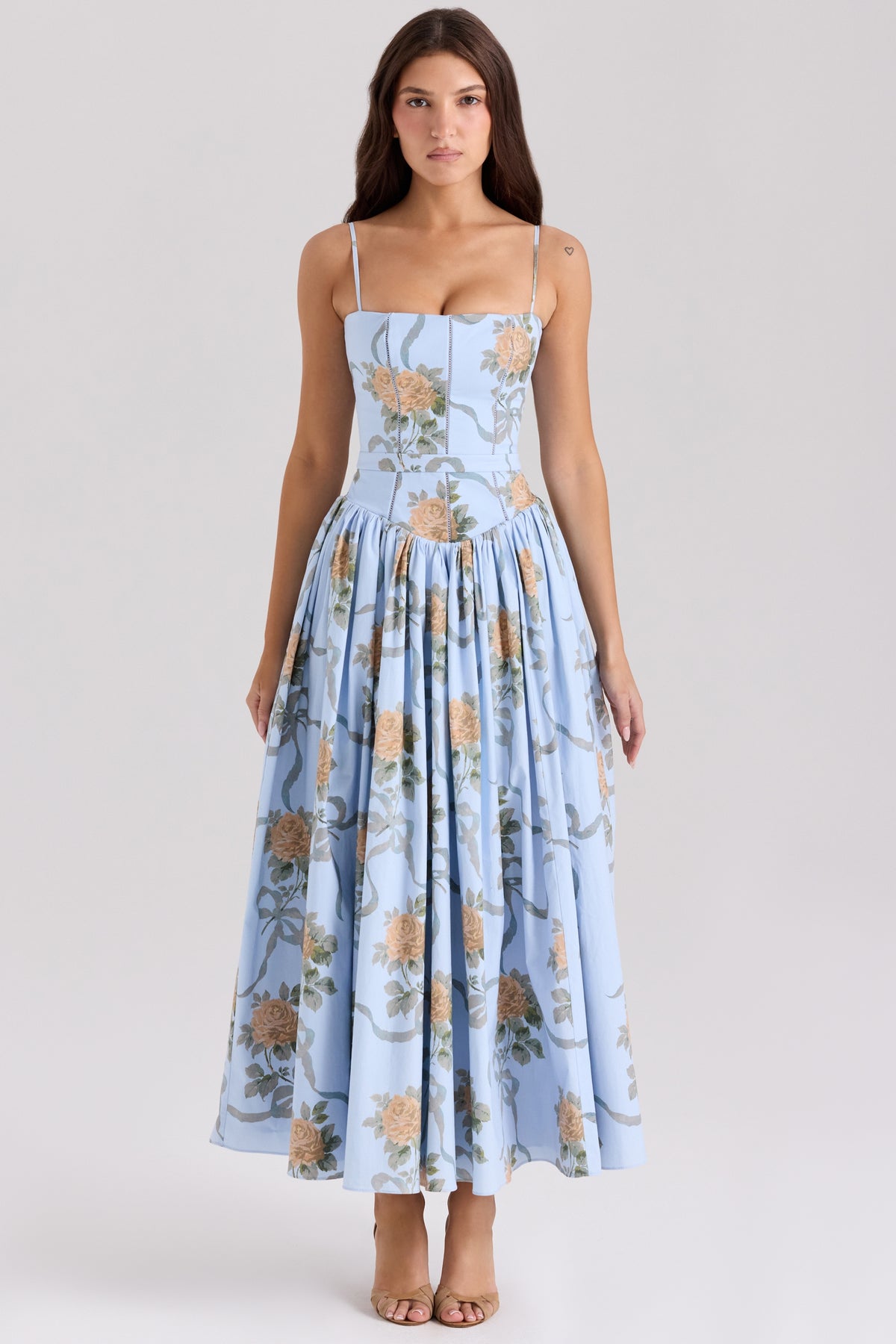 Ysabella-Blue Vintage Rose Print Cotton Midi Sundress