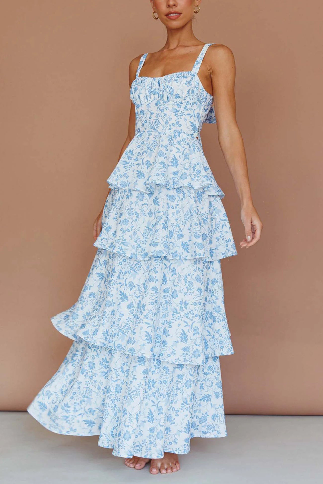 Floral Print Tie-up Tiered Midi Dress