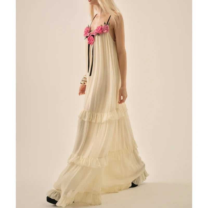 3D Floral Spaghett Strap Tiered Ruffle Maxi Dress