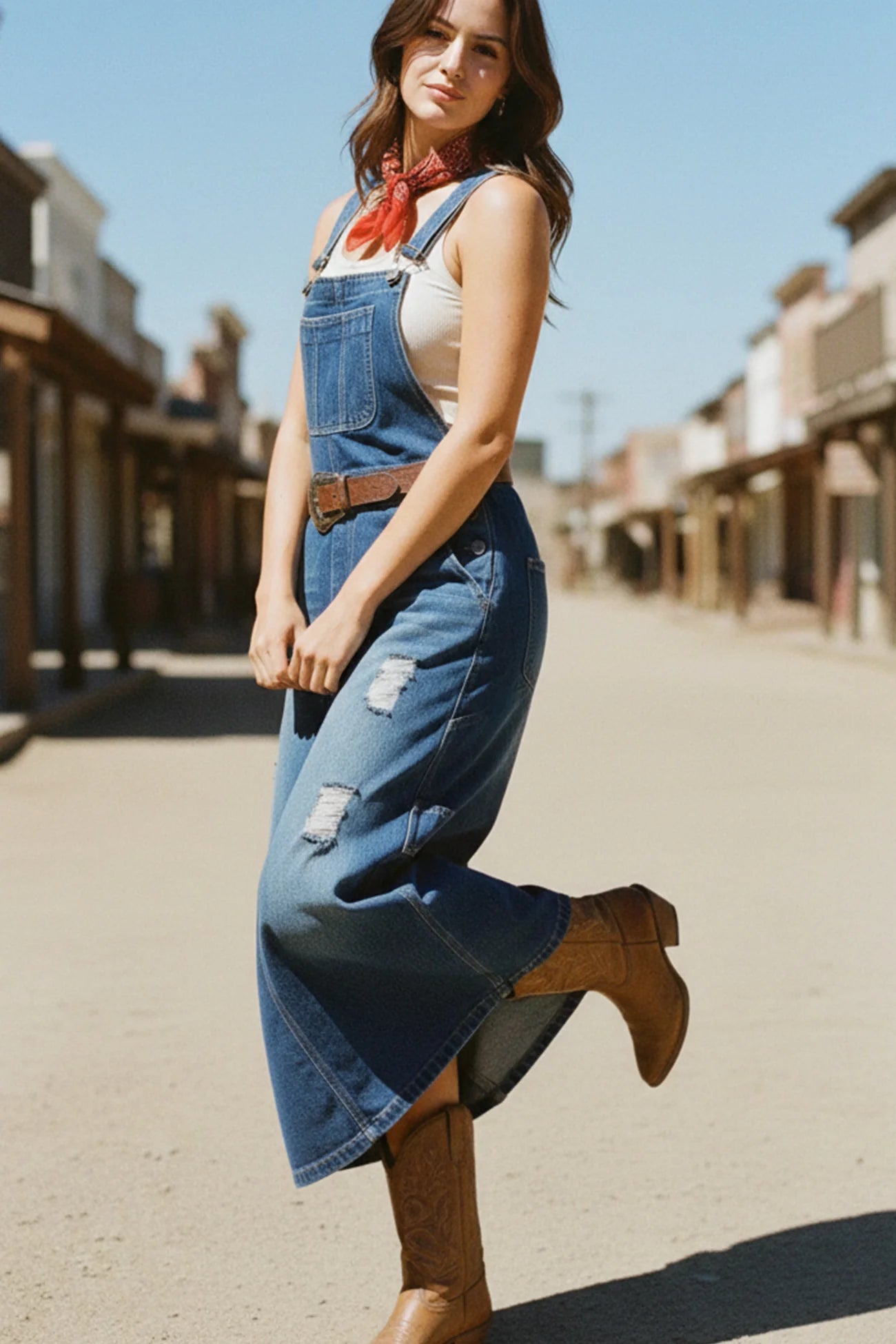 Distress Denim Overall Dress