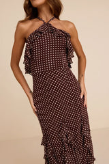 Casey Brown Polka Dot Halter Ruffled Maxi Dress